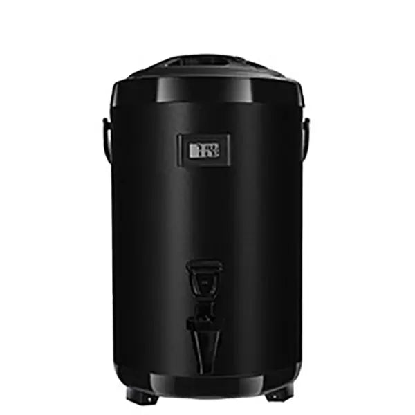 10L Round Black Coating Thermal Dispenser with a built-in thermometer, featuring a sleek black stainless steel exterior, insulated body, and a drip-resistant spigot for smooth dispensing.