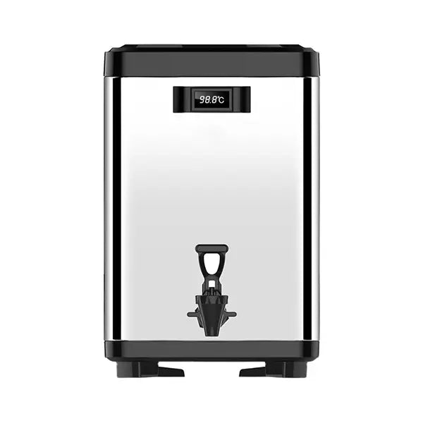 10L cube-shaped thermal dispenser with a built-in thermometer, featuring a stainless steel exterior, insulated body, and a convenient spigot for easy dispensing.