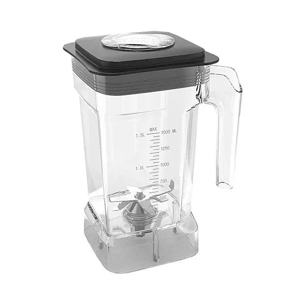 Turbo Blender Jar with impact-resistant material, sharp stainless steel blades, and a leak-proof lid, designed for high-speed blending in commercial settings.
