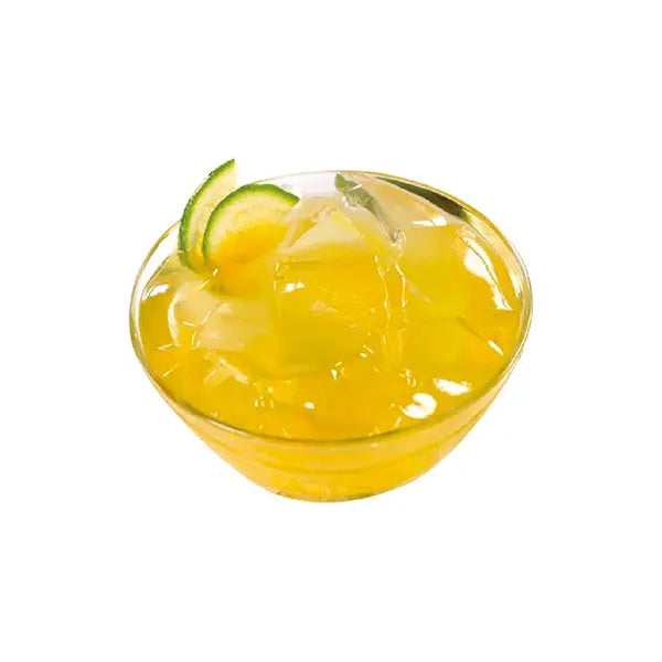 Aiyu jelly in golden syrup, translucent and jiggly texture, perfect for lemon drinks, iced tea, or Asian summer desserts.