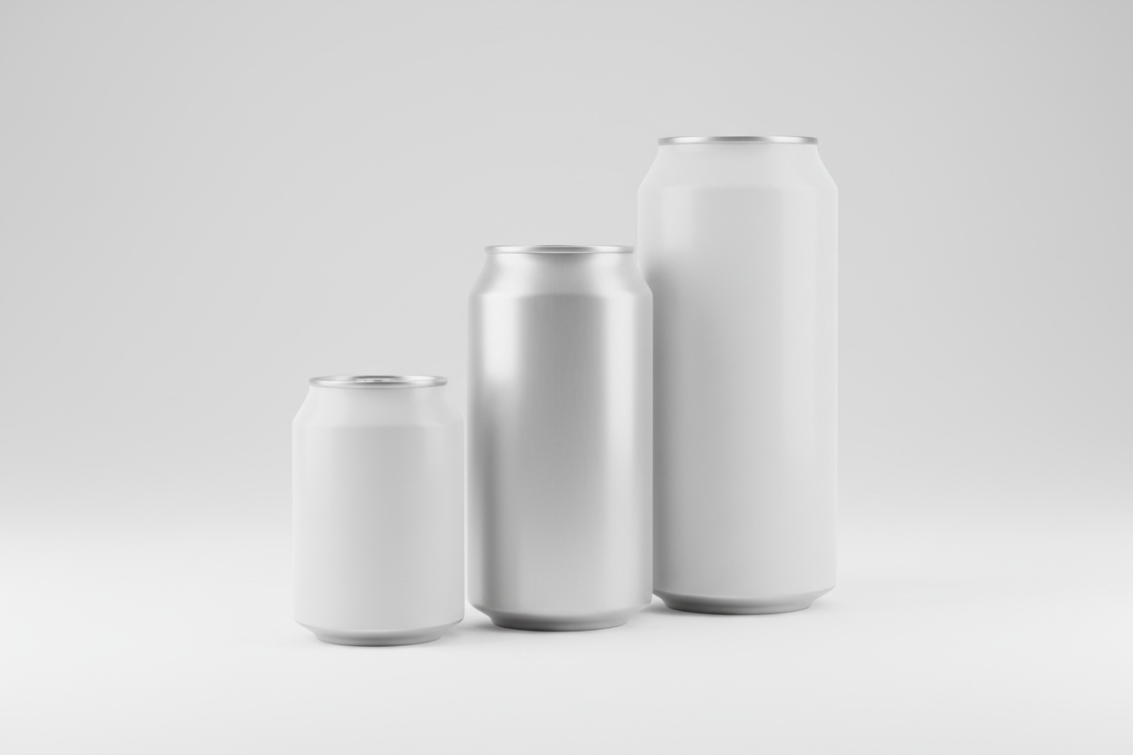 專業商品攝影風格呈現不同尺寸的Aluminum Cans 罐裝飲料，素面白色或銀色