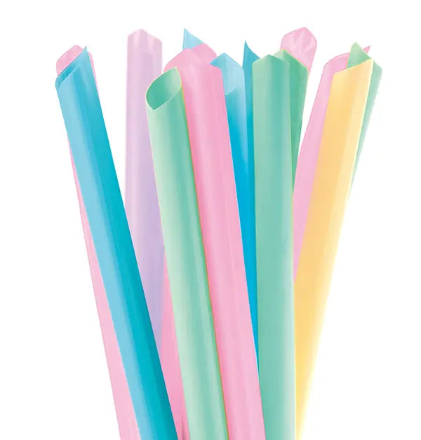 Pastel-colored bubble tea straws with a 12mm wide opening, ideal for smoothies, milkshakes, and boba drinks. Vibrant and fun for any beverage.