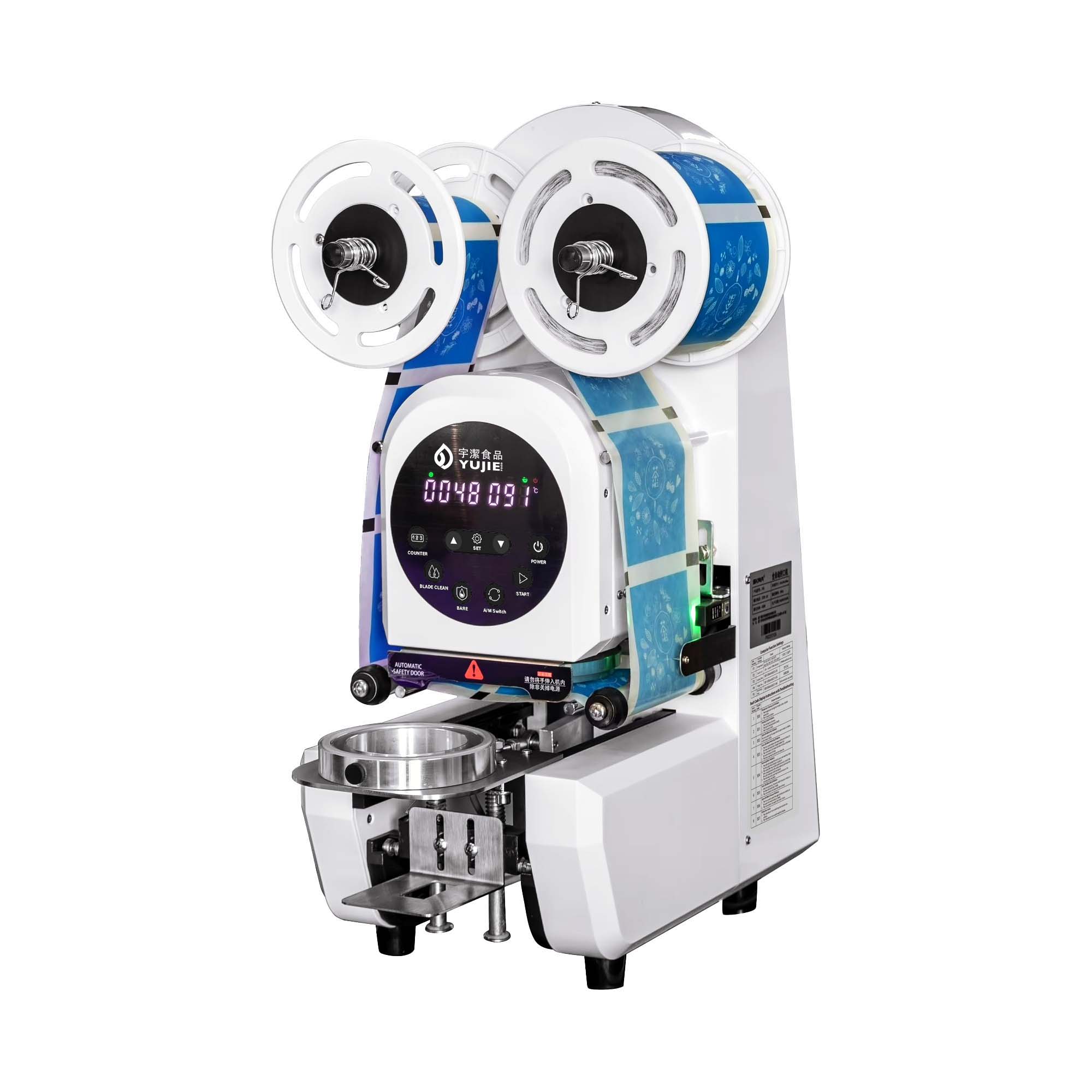 
LuxeSeal Auto Sealing Machine with digital touch control, dual roller system, and intelligent sensor technology for precise, leak-proof cup sealing in cafés and tea shops.
