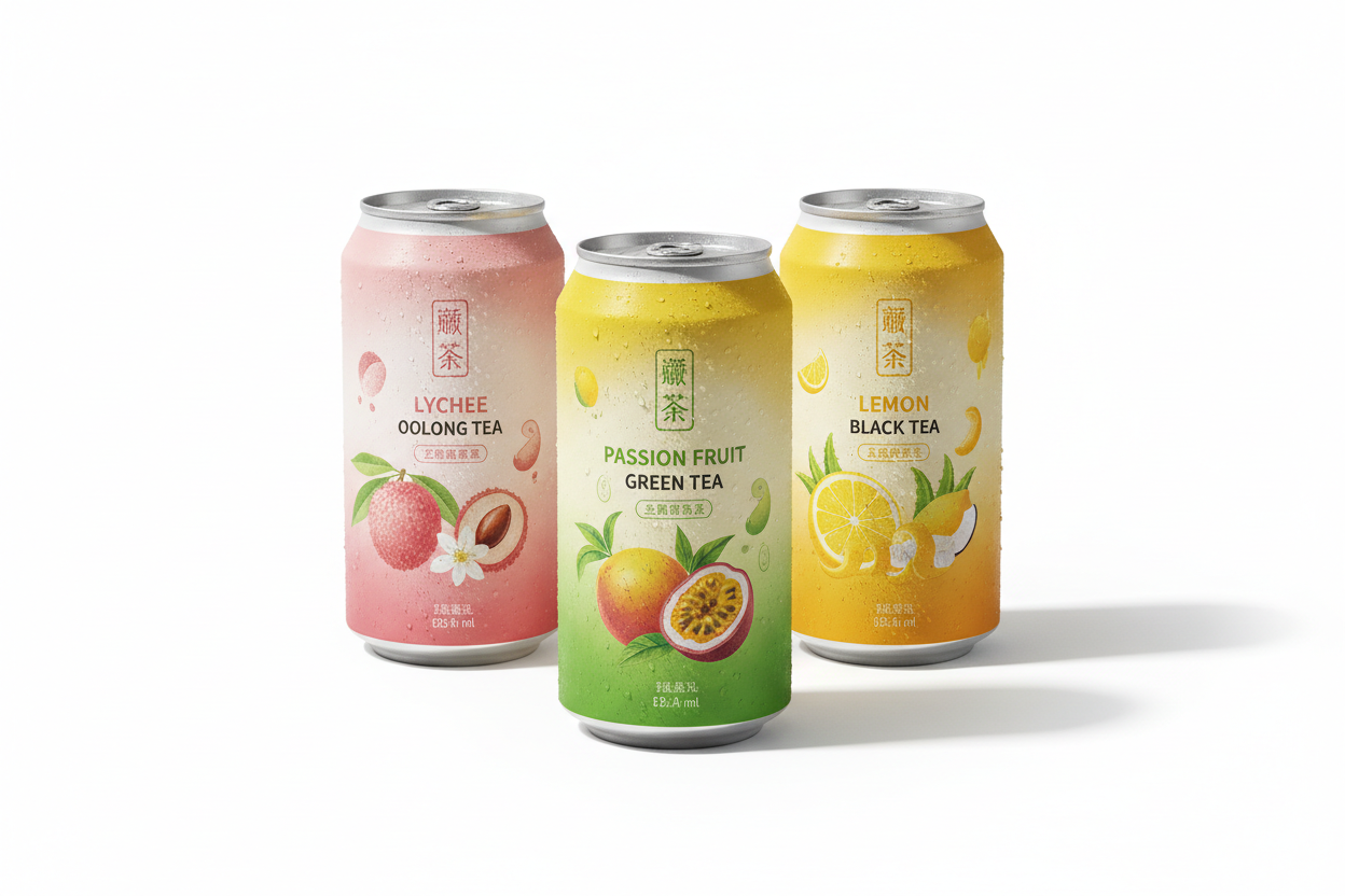 專業商品攝影風格呈現鋁罐裝 Lychee Oolong, Passion Fruit Green Tea, Lemon Black Tea (with Aloe Vera or Coconut Jelly).