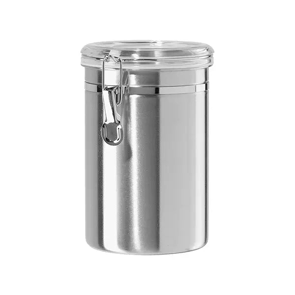 60oz airtight stainless steel canister with a BPA-free transparent lid, silicone seal, and locking clamp. Ideal for coffee, tea, flour, sugar, and dry ingredients storage.