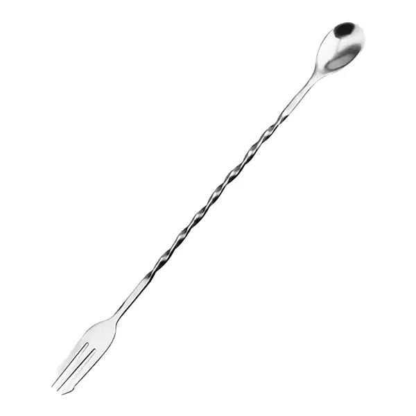 Stainless steel bar stirrer with a long spoon on one end and an ice fork on the other, ideal for stirring, scooping, and mixing drinks like bubble tea and cocktails.