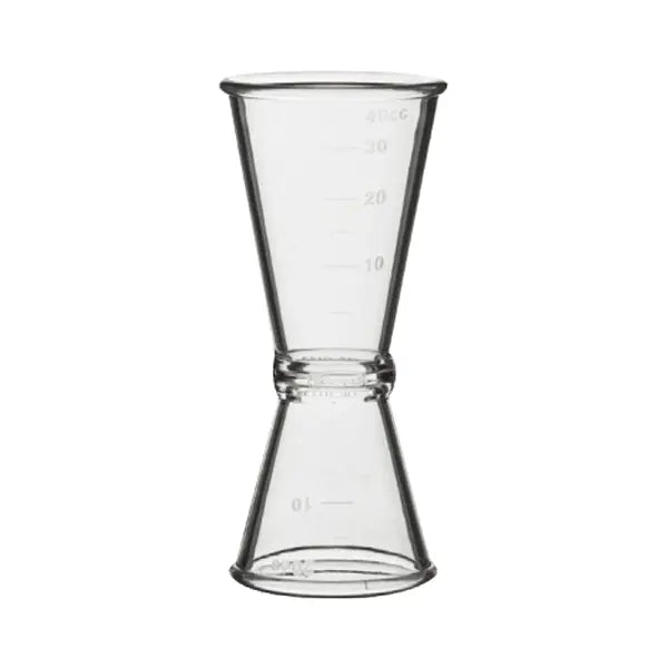 Transparent double jigger with dual-sided measurement markings, perfect for accurately measuring syrups, spirits, and mixers in cocktails and bubble tea preparation.