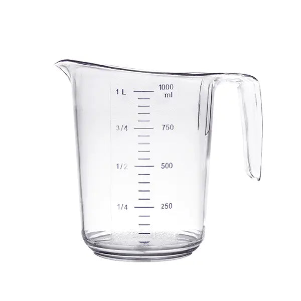 1000ml durable plastic measuring cup with clear markings. Ideal for measuring ingredients in beverages, baking, and professional kitchen use.