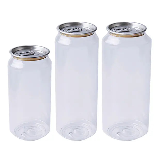 A set of PET Pop Can Bottles in 11oz, 16oz, and 22oz sizes, transparent and shatterproof, ideal for creative beverage packaging.