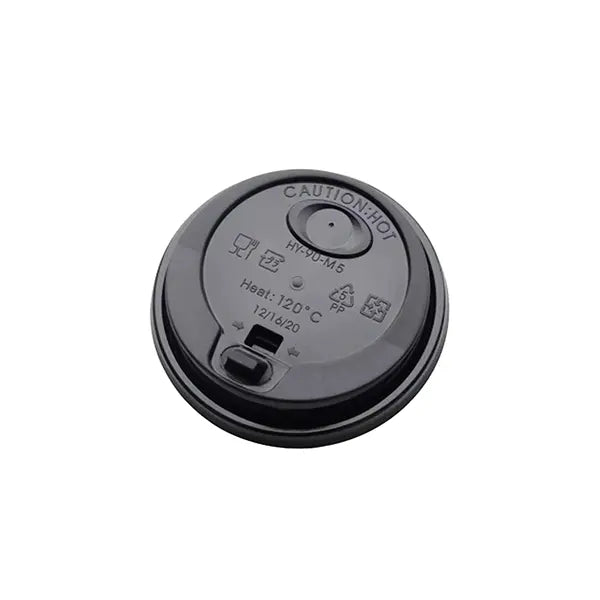 Black two-way dome lid (90mm) made from heat-resistant PP, designed for secure, spill-proof hot drinks with straw and sip options.