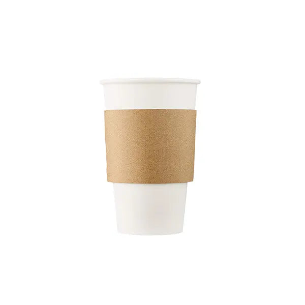 Recyclable kraft paper cup sleeve on a white disposable coffee cup, designed for insulation and comfortable handling.