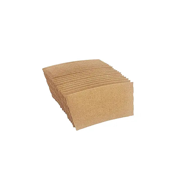 Stack of unbranded kraft paper cup sleeves, suitable for standard-sized cups to enhance grip and heat protection.