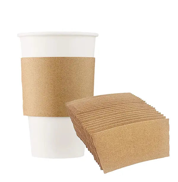 Eco-friendly kraft paper cup sleeves on a disposable coffee cup, providing insulation and a secure grip for hot beverages.