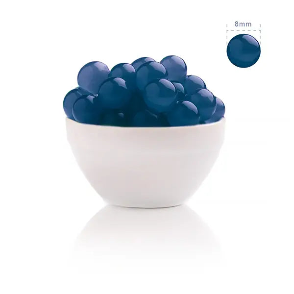 8mm blueberry popping boba with juicy, sweet-tart flavor, ideal for topping fruit teas and desserts.