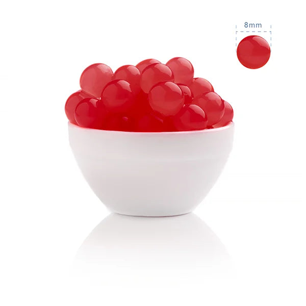 Juicy cherry flavor popping boba with red 8mm pearls, perfect for tea, sparkling drinks, and dessert topping.