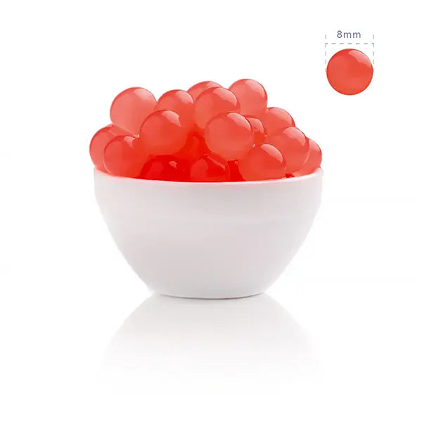 Red 8mm popping boba filled with sweet strawberry juice, perfect for tea drinks, milk teas, smoothies, or desserts.