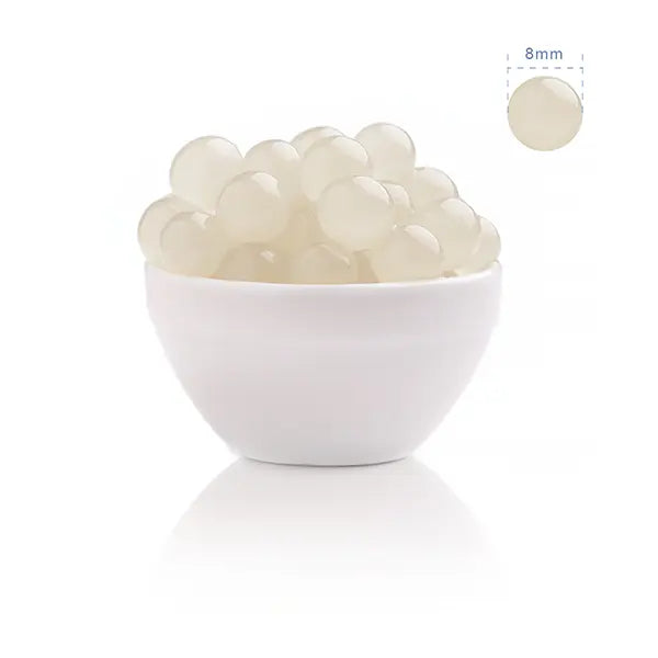 Yogurt flavor popping boba in 8mm size – translucent juicy pearls ideal for yogurt and fruit drinks.