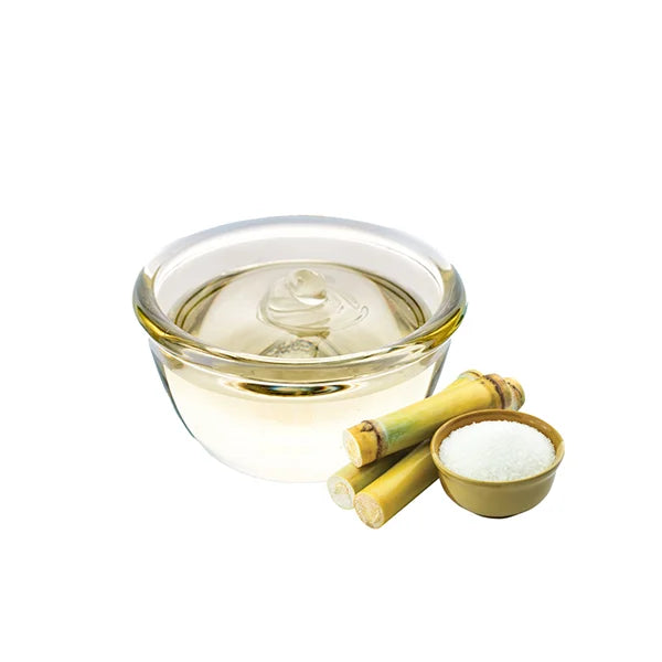 Clear glass bowl with cane syrup, sugarcane pieces, and sugar – product display.