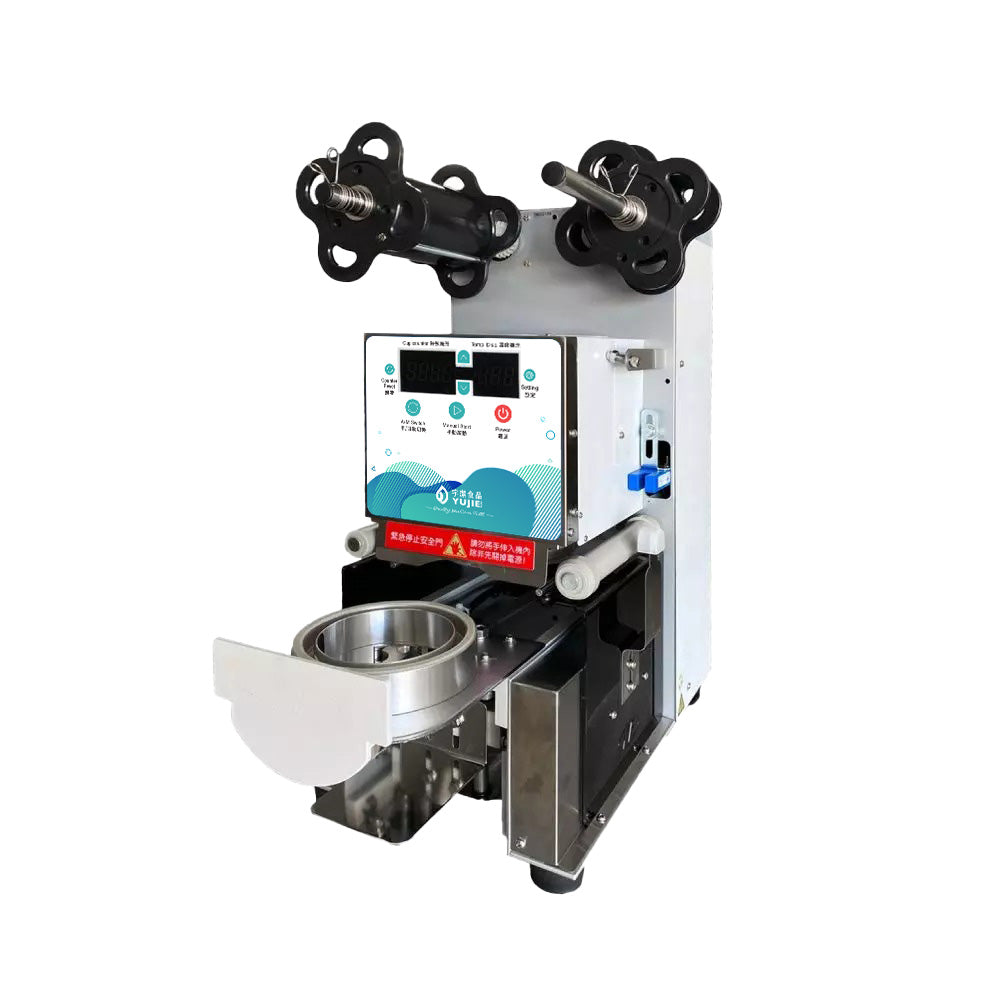 Automatic Sealing Machine with UL/NSF certification, digital control panel, and dual roller system for efficient, safe, and precise cup sealing in beverage shops and cafés.
