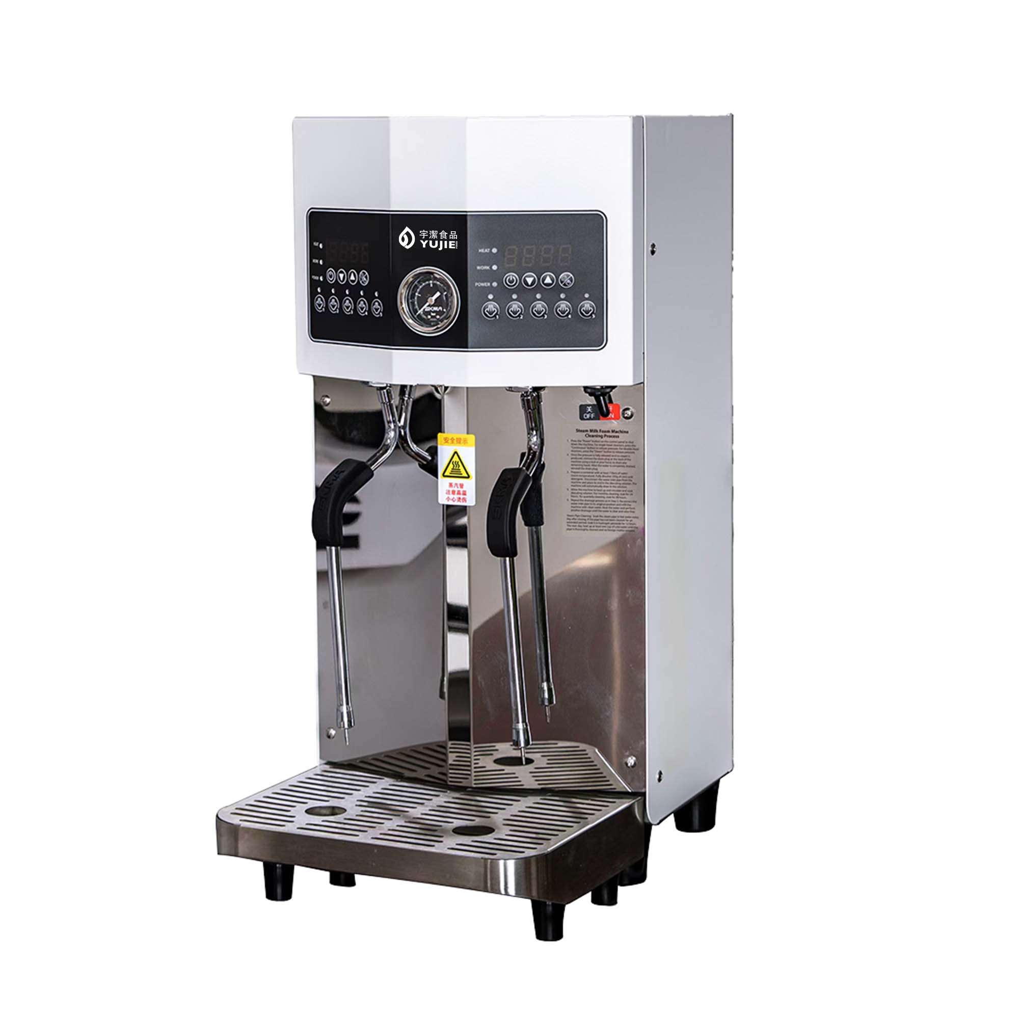 Dual-head steam machine with high-pressure steam technology, dual steam wands, and digital temperature control for professional milk frothing and beverage warming in cafés and tea shops.