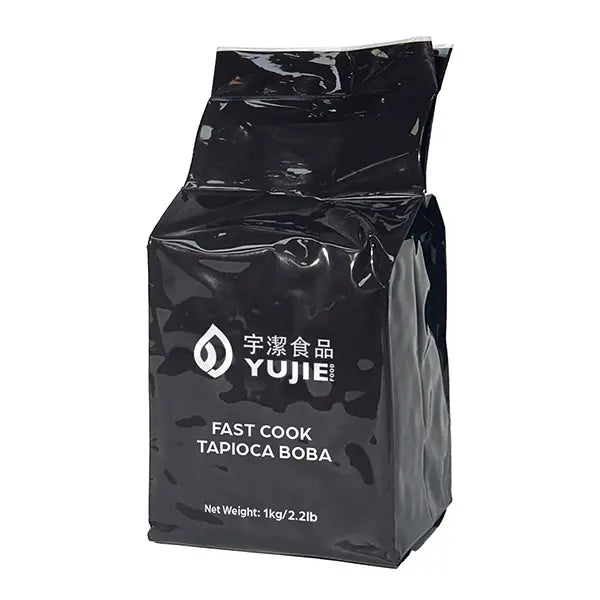 Black bag of YUJIE FOOD Fast Cook Tapioca Boba, quick cook tapioca pearls for milk tea, desserts, and wholesale distributors