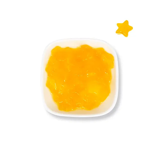 Mango-flavored star-shaped coconut jelly with a chewy texture and vibrant color, perfect as a topping for bubble tea, fruit tea, and desserts.