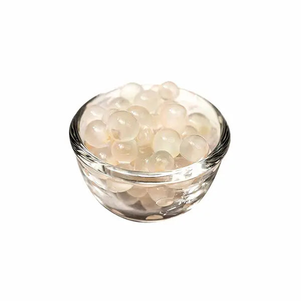 Water chestnut popping pearls with juicy and crunchy texture, perfect for milk teas, smoothies, and desserts.