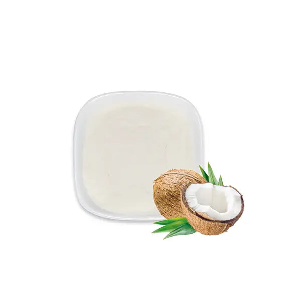 Premium coconut powder with coconut decoration, showing rich aroma and fine white texture.