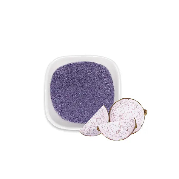 Classic taro powder with taro slices, showing rich purple color and creamy aroma for drink applications.