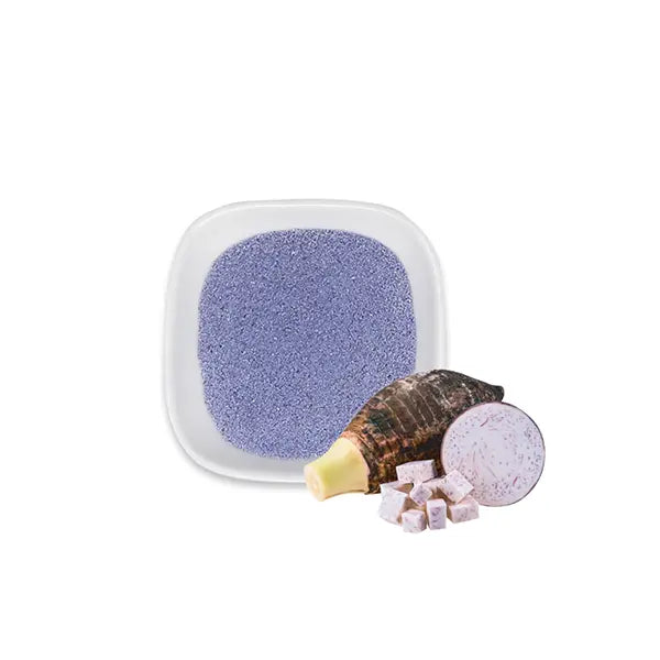 Premium taro powder with whole taro and diced cubes, showcasing its natural purple hue and strong aroma.