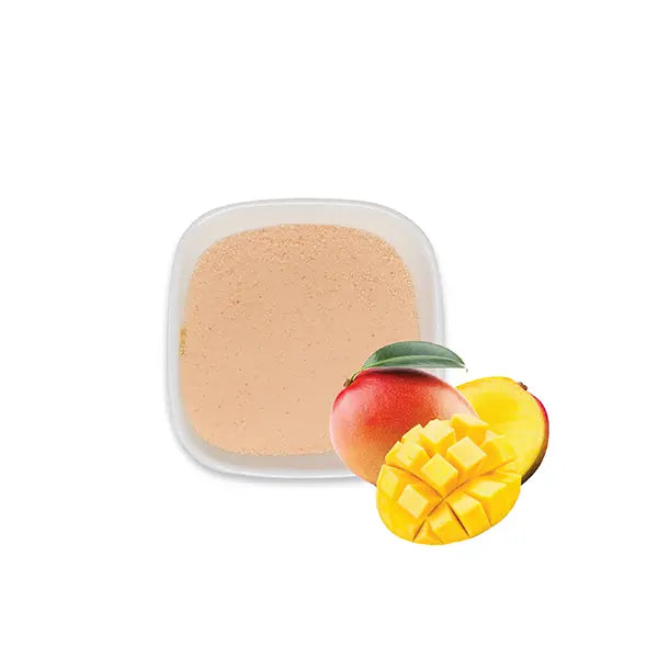 Mango powder with fresh mango accent, showing vivid orange color and fruity aroma for drinks and desserts.