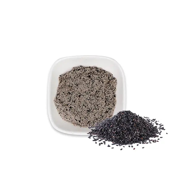 Black sesame powder with whole sesame seeds, rich in nutty flavor for drinks and desserts.