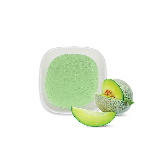 Honeydew powder with melon fruit, light green tone and sweet aroma, ideal for drinks and desserts.
