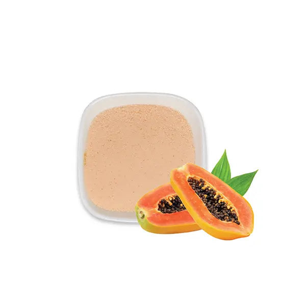 Papaya powder with whole fruit showing rich tropical aroma, great for smoothies and papaya milk.