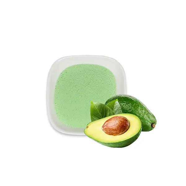 Avocado powder with fresh avocado, showcasing smooth green texture ideal for smoothies and dessert drinks.