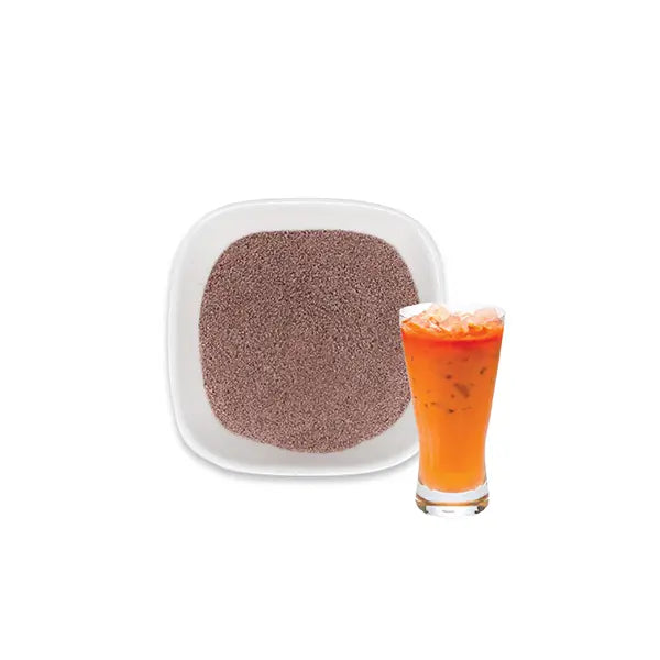 Thai tea powder with iced milk tea, featuring bold orange color and creamy tea flavor for desserts and drinks.