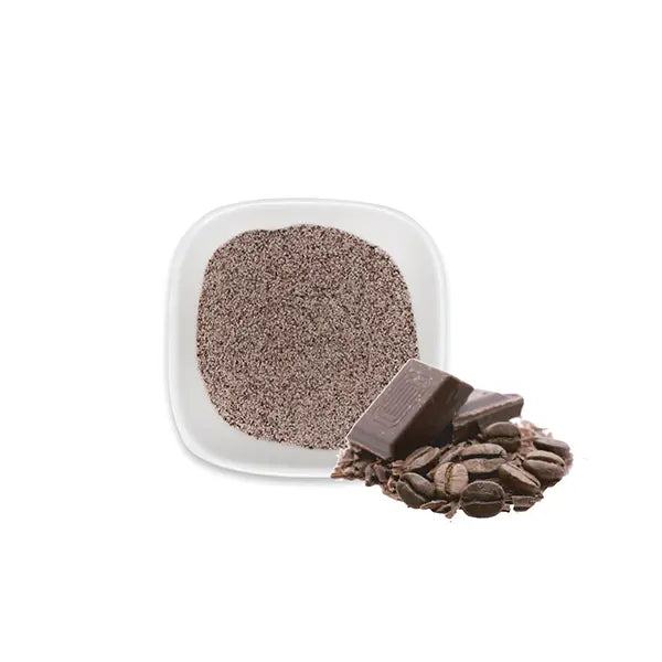 Cafe mocha powder with chocolate and coffee beans, showing deep flavor layers perfect for mocha beverages.