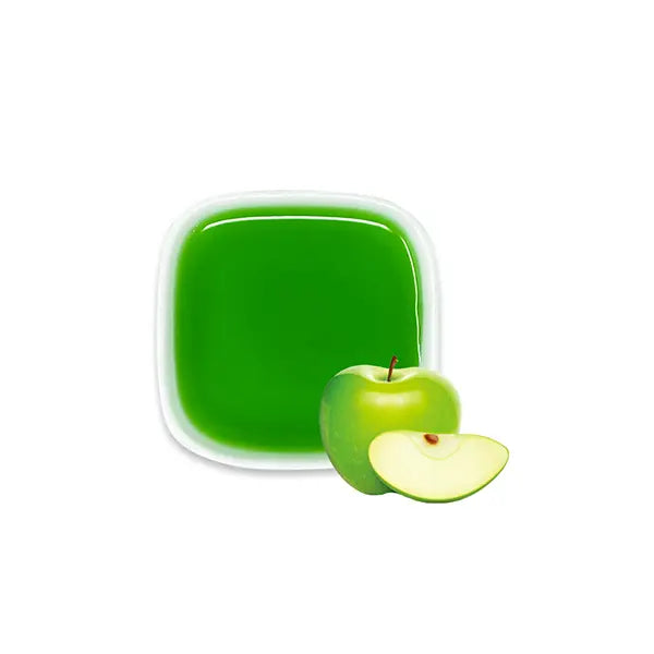 Green apple syrup with fresh apples, showing vivid green color and fruity freshness – ideal for drinks.