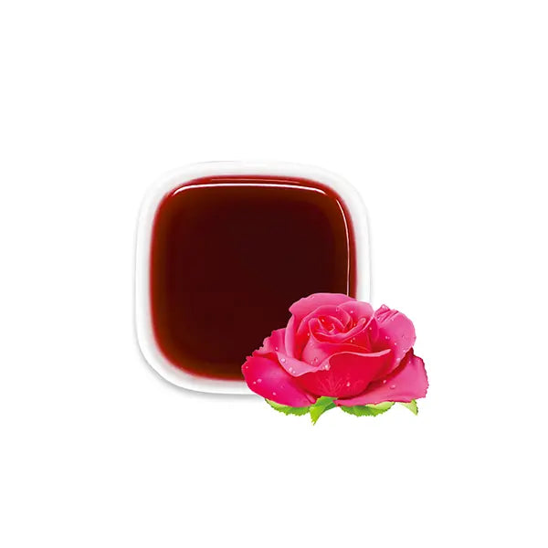 Rose syrup with fresh petals – rich floral note and vivid rose-red color for dreamy drinks.