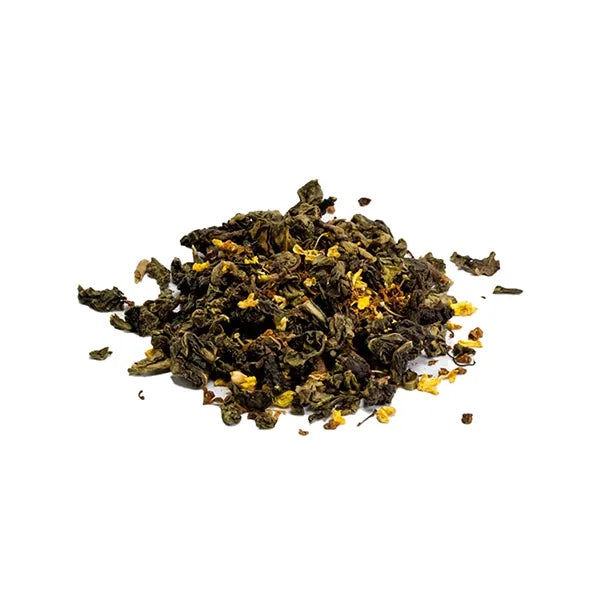 Loose-leaf osmanthus oolong tea with dried golden flowers and green oolong leaves.