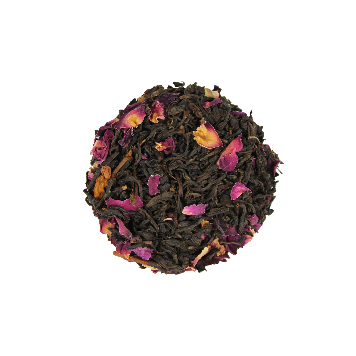 Dried Ceylon black tea leaves blended with rose petals.