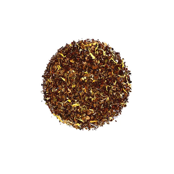Dried tea blend with blueberry, hibiscus, and fruit chunks.