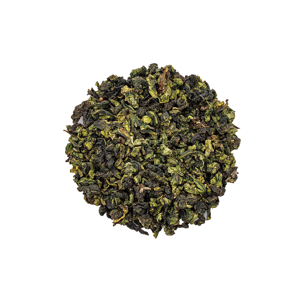 Dried Four Seasons tea leaves in semi-ball shape, deep green color.