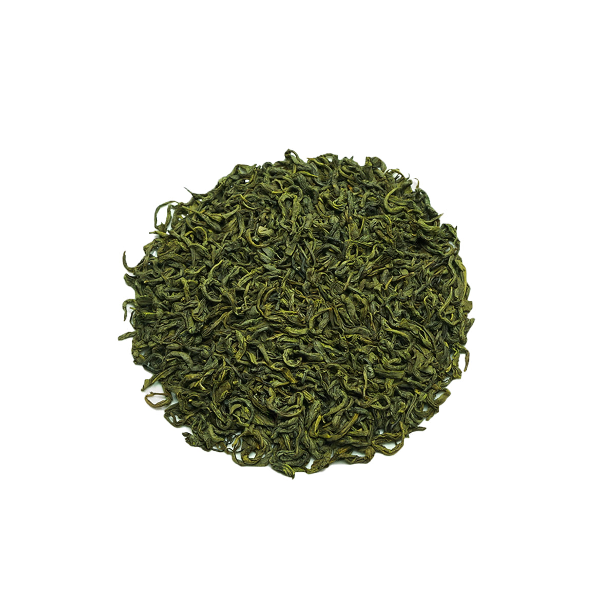 Dried mountain green tea leaves with twisted shape and vivid green hue.