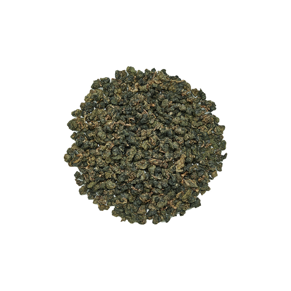 Dry Dong Ding oolong tea leaves with tightly rolled shape and dark green color.