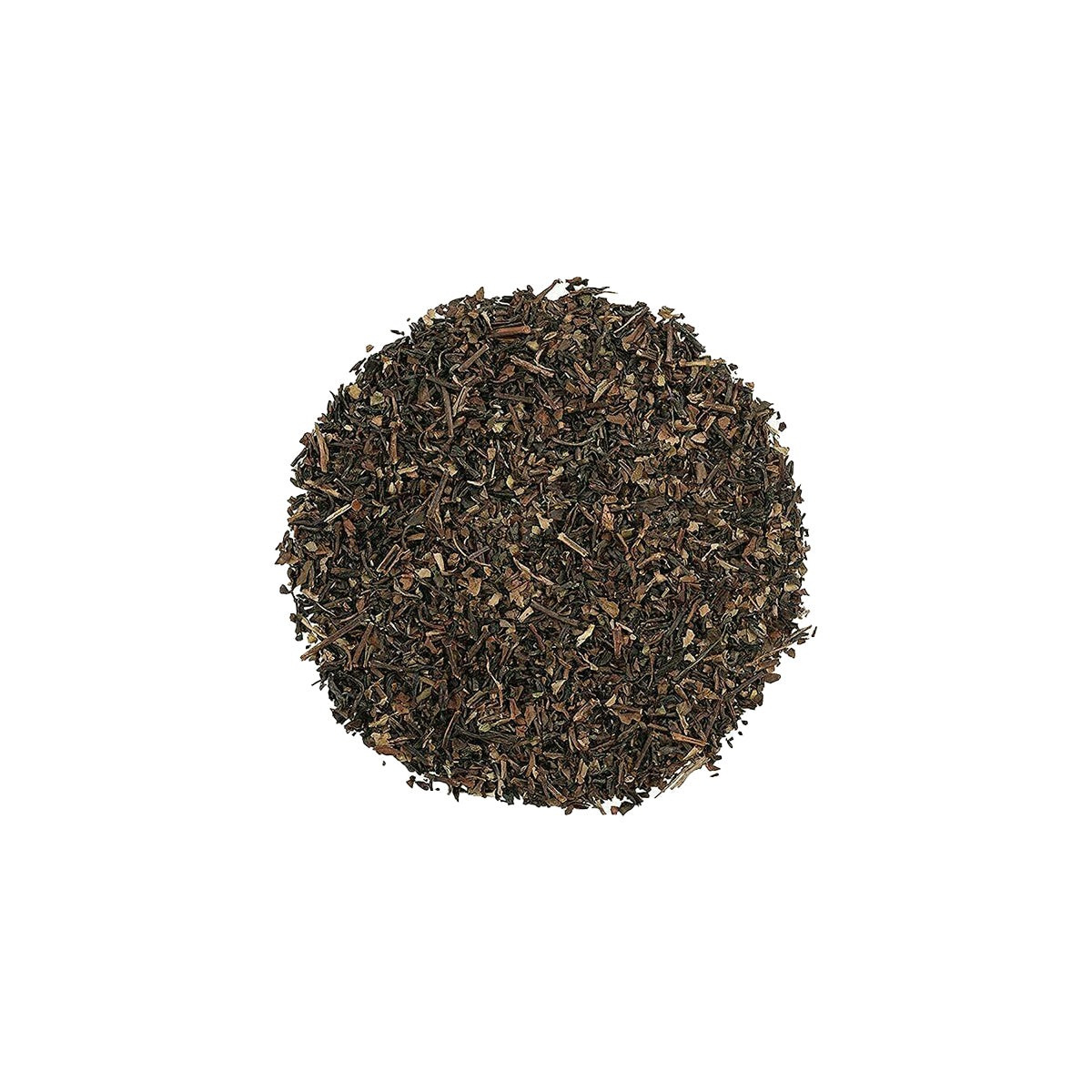 Fermented red pu erh tea leaves in dark brown, finely crumbled form.
